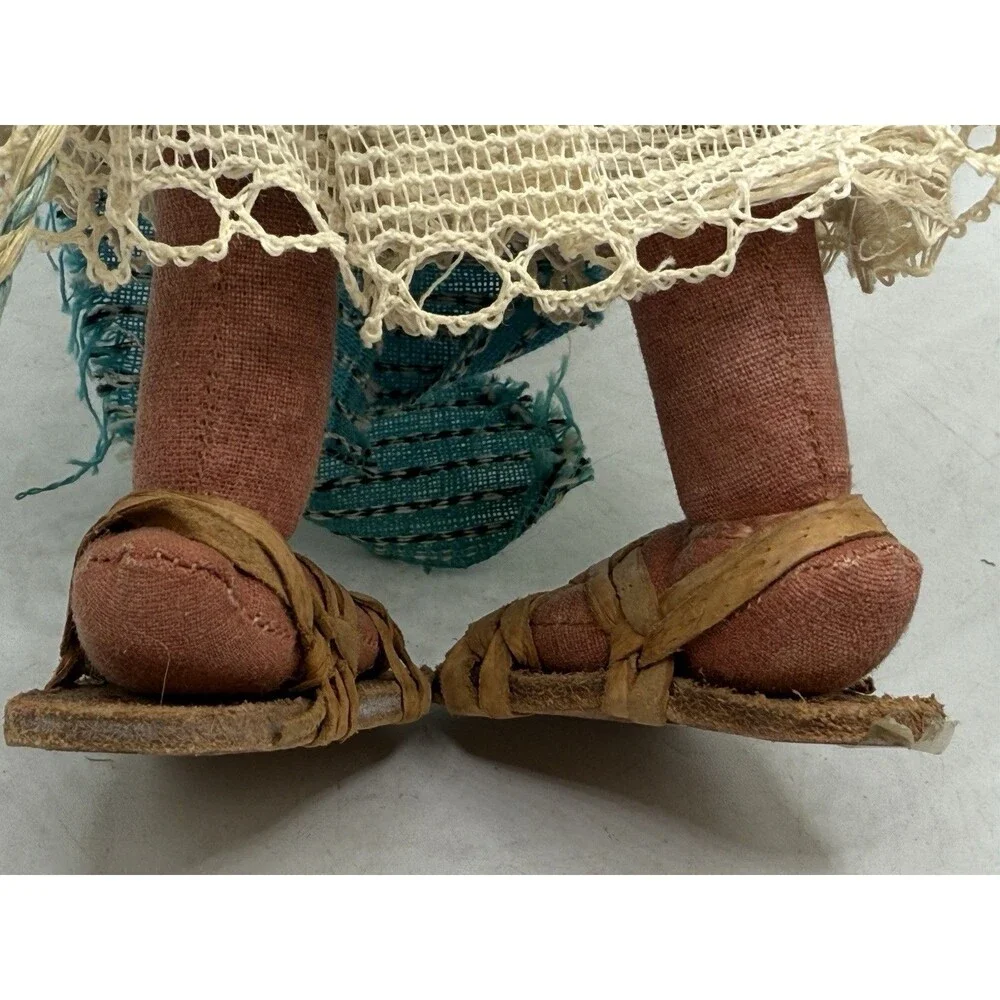 Vintage Jamaican Village Lady Blue Dress Doll w/ Papoose Floppy Hat & Water Jug